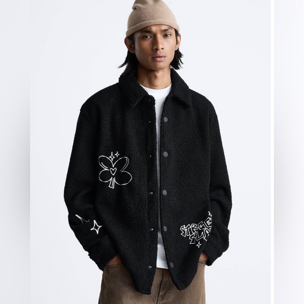 Zara Black Embroidered Faux Shearling Streetwear Utility Overshirt Size L/XL - Picture 3 of 16